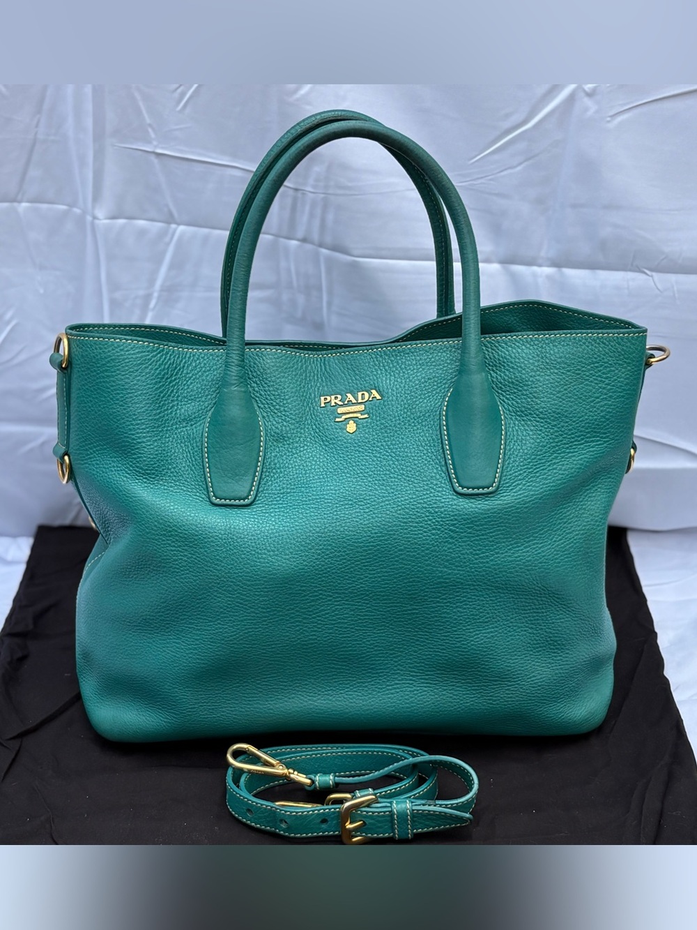 Prada Vitello Phennix Teal Tote with Gold Hardware